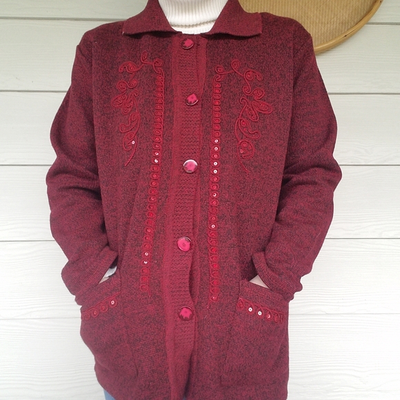 Mid-Length Modern Cardigan Sweater Sequin Gorgeous Deep Burgundy/Black - Picture 14 of 14